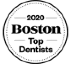 2020 Boston Top Dentists award badge in black and white circular design.
