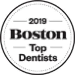 2019 Boston Top Dentists round badge with black text on white background