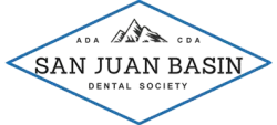 San Juan Basin Dental Society logo with mountain graphic inside blue diamond outline