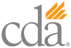 CDA logo with lowercase gray letters and orange abstract design in the top right corner
