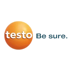 Testo company logo with orange circle and slogan Be sure in dark blue text.