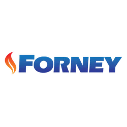 Forney logo with blue gradient text and red-orange flame icon on a white background