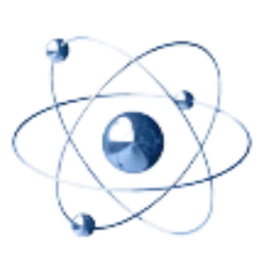 Blue metallic atom model with nucleus and orbiting electrons on black background