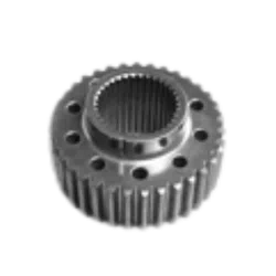 Close-up of a metal gear with teeth and circular holes, used in machinery and mechanical systems