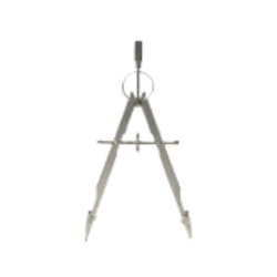 Metal drafting compass with adjustable arms and hinge for precision drawing on transparent background
