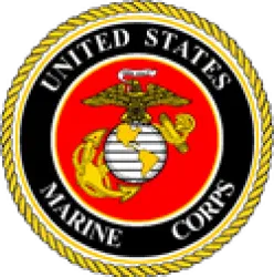 United States Marine Corps emblem with eagle, globe, and anchor on red and black background with gold rope border