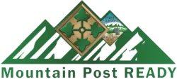 Mountain Post READY logo with green mountain peaks, diamond shapes, and text promoting Fort Carson's preparedness program.