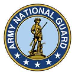 Army National Guard emblem with a soldier statue in the center, surrounded by a blue circle and white stars.