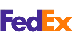 FedEx logo with Fed in purple and Ex in orange showcasing the delivery service brand