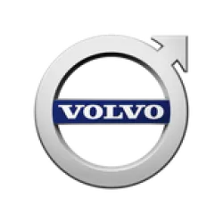Volvo logo featuring a silver circle with an upward arrow and the brand name in the center on a blue background