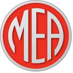 Round red and gray logo with stylized letters M, E, and A in the center inside a silver border.