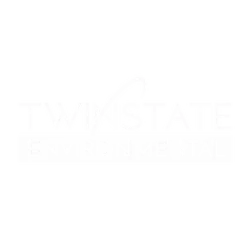 White Twinstate Environmental logo with a curved line over black background