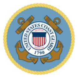 Seal of the United States Coast Guard with crossed anchors, shield, and rope border on blue background