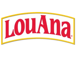 LouAna logo in bold red letters within a white and yellow curved rectangle background.