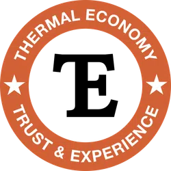 Orange circular badge with white text saying Thermal Economy Trust & Experience and two white stars