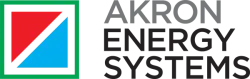 Akron Energy Systems logo with red and blue diagonal shapes inside a green square and bold black text.