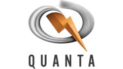 Quanta logo with an orange lightning bolt inside a silver circular brushstroke on a black background
