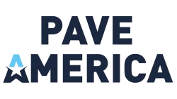 Pave America logo with a stylized star and bold dark blue text on a transparent background