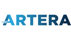 Blue gradient ARTERA logo with motion lines integrated into letter A on transparent background