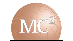 Copper-colored sphere with black MC squared text and curved grid lines representing a scientific concept.