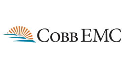 Cobb EMC logo with a stylized orange sun rising over blue waves and black text on a black background.
