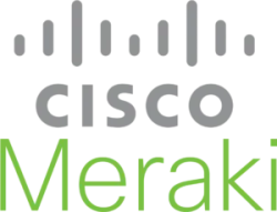 Cisco Meraki logo featuring gray Cisco text and green Meraki text with vertical bars above Cisco.