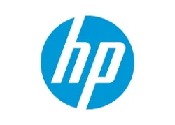 HP logo with lowercase white letters on a blue circular background