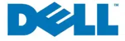 Blue Dell company logo with stylized tilted E on white background