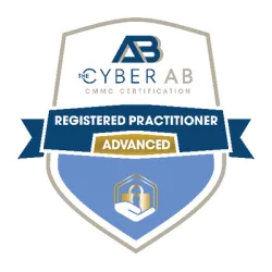 Shield badge displaying Cyber AB CMMC Certification Registered Practitioner Advanced with security lock and hand icon