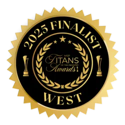 Gold and black 2025 Finalist West seal for MSP Titans of the Industry Awards with laurel wreath and trophies.
