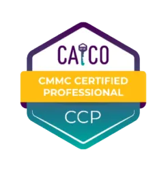 CATCO CMMC Certified Professional badge with purple key logo and yellow-blue color scheme