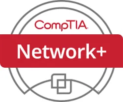 CompTIA Network+ certification badge featuring a red design with circular elements.