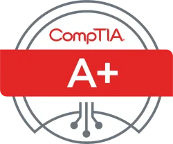 CompTIA A+ certification logo featuring a red banner with the letter A+ and circuit design elements.