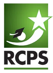 Green square with white figure wearing graduation cap reaching for a star above the letters RCPS