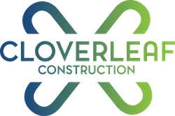 Cloverleaf Construction logo with gradient blue and green stylized cloverleaf design and company name.