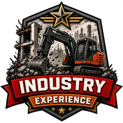 Illustration of an excavator demolishing a building with INDUSTRY EXPERIENCE text and a gold star emblem