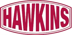 Hawkins logo in bold red letters with vintage oval border on white background
