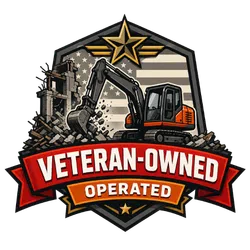 Badge showing a veteran-owned operated construction excavator with American flag and star design