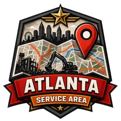 Atlanta service area badge featuring city skyline, construction equipment, map with location pin, and stars.