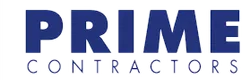 Blue bold text logo of Prime Contractors with thick uppercase letters and smaller spaced font below.