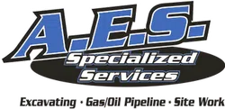 Logo of A.E.S. Specialized Services featuring excavating, gas/oil pipeline, and site work text.