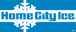 Home City Ice logo featuring blue text with a stylized snowflake design in the background