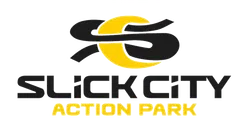 Slick City Action Park logo with stylized black and yellow intertwined letters on black background