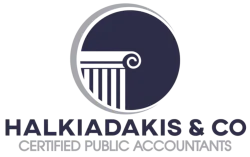 Halkiadakis & Co Certified Public Accountants logo with column pillar inside a circle design.