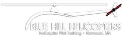 Logo of Blue Hill Helicopters with white helicopter outline and text for pilot training in Norwood, MA on black background
