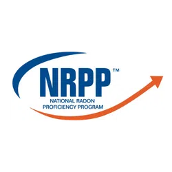 Logo of the National Radon Proficiency Program with blue and orange curved arrows.