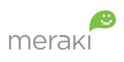 Meraki logo featuring gray text with a green speech bubble containing a pixelated smiley face.