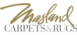 Masland Carpets & Rugs logo featuring elegant gold and gray typography on transparent background.