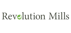 Revolution Mills logo with green leaf integrated into the letter o on a white background
