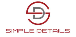 Logo with intertwined red and gray letters SD above bold text simple details on black background